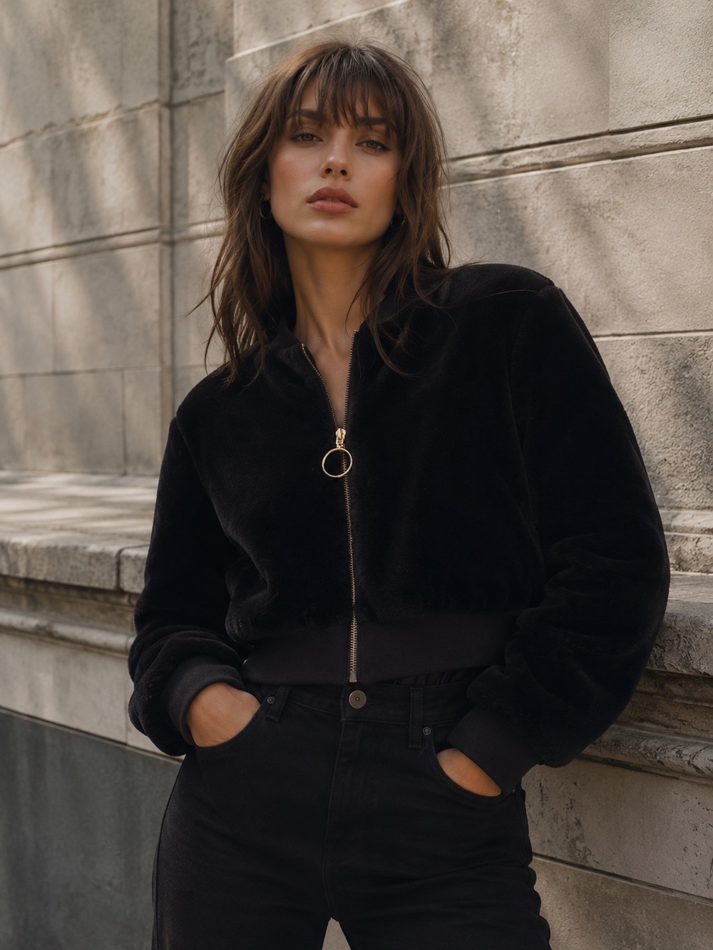 SEEK Black Faux Fur Cropped Bomber Jacket Gold Ring Zip | Size Medium
